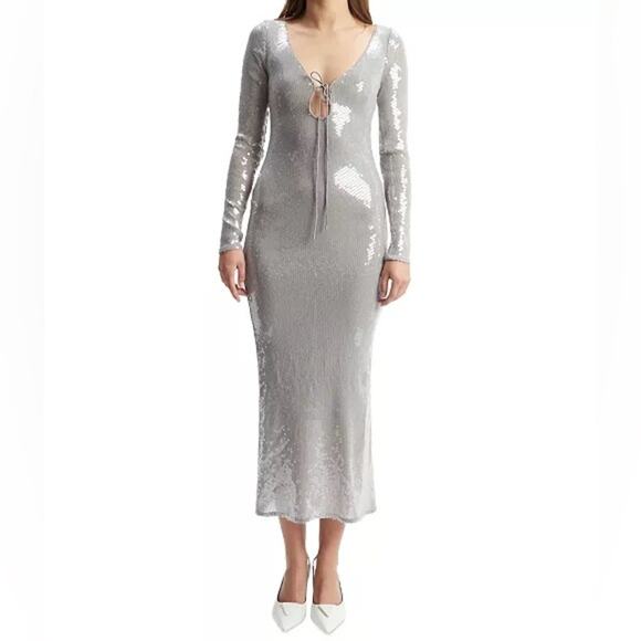 Bardot Women's Verona Low-Back Sequin Maxi Dress Silver Sz 8 - Picture 1 of 9